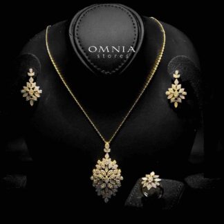 Omnia Fariba Gold Plated Necklace, Earrings & Ring Set in High Quality Zircon Stone in Rhodium Plated