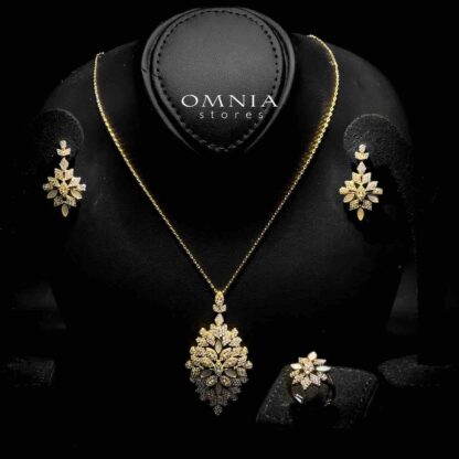 Omnia Fariba Gold Plated Necklace, Earrings & Ring Set in High Quality Zircon Stone in Rhodium Plated