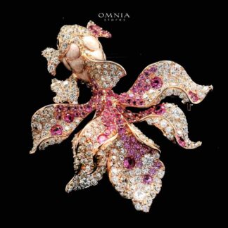 Omnia Golden Fish brooch in 925 Silver In High Quality Simulated diamonds