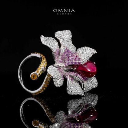 Omnia Lily Flower Ring With Pink And Red Stones with High Quality Simulated Diamonds - Image 4