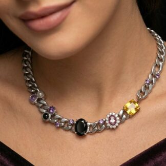 Omnia Taghrid Multi Color Necklace In 925 Silver High Quality Simulated Diamonds