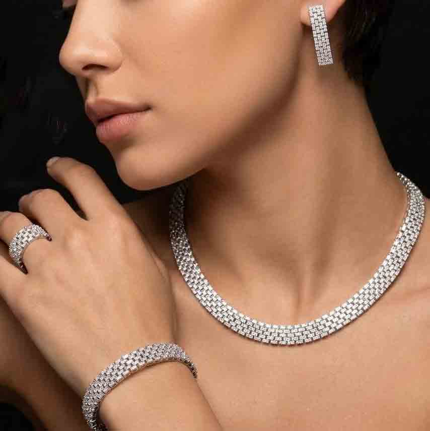 Omnia Zehra White Luxury Bridal Full Set in High Quality Zircon Stone in Rhodium Plated - Image 3