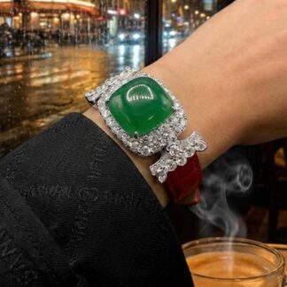 Omnia Nafiseh Red Genuine Leather Belt Bracelet In 925 Silver High Quality Lab Crafted Stones