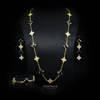 Omnia Golden Clove Black Long Chain Full Set with High-Quality Simulated Diamonds 18k Gold Plated 100cm