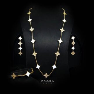 Omnia Golden Clove White Long Chain Full Set with High-Quality Simulated Diamonds 18k Gold Plated 100cm