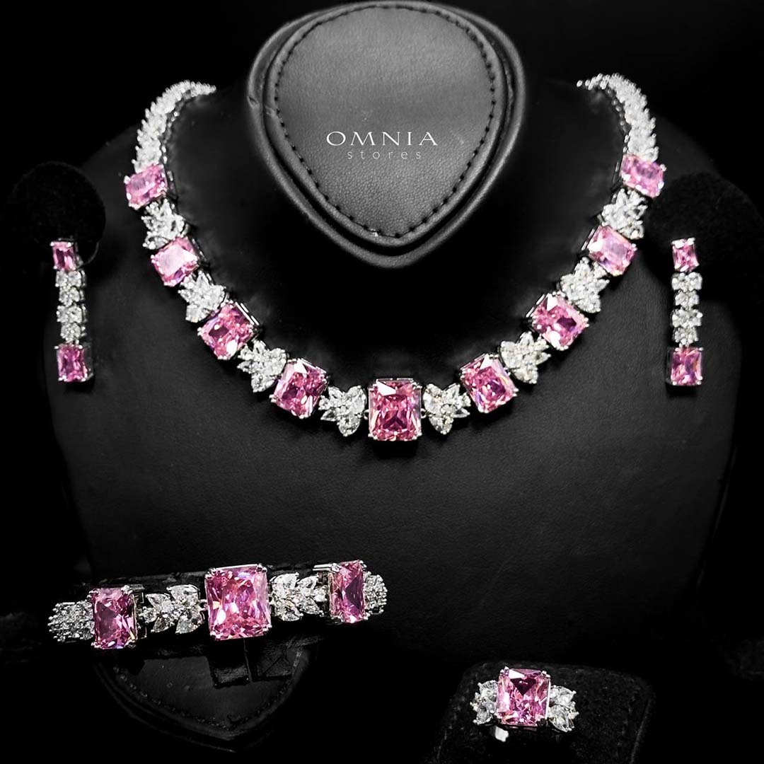 Omnia Amelia Pink Bridal Full Set with High-Quality Simulated Diamonds Rhodium Plated - Image 2
