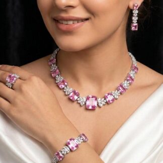 Omnia Amelia Pink Bridal Full Set with High-Quality Simulated Diamonds Rhodium Plated