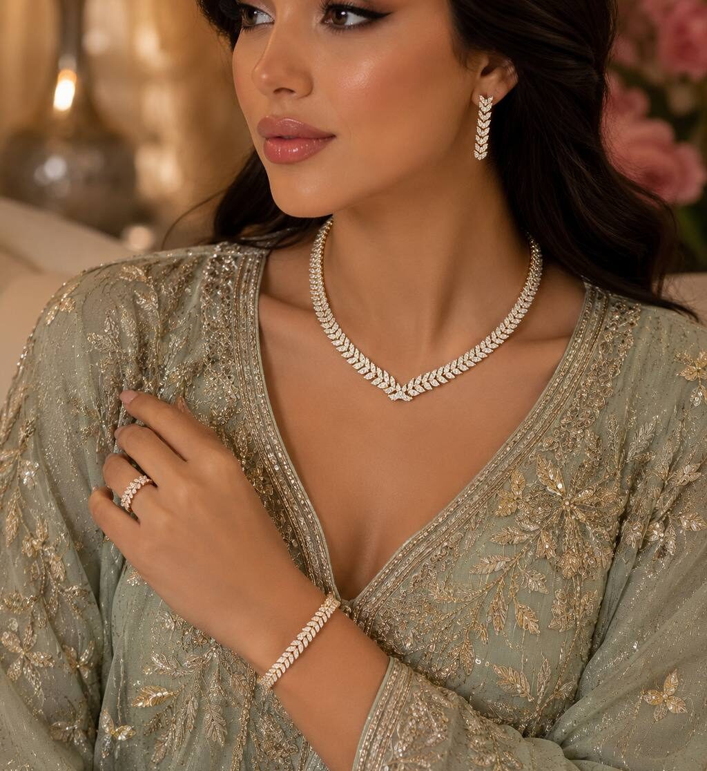 Omnia Aroosa Golden Bridal Full Set with High-Quality Simulated Diamonds Rhodium Plated