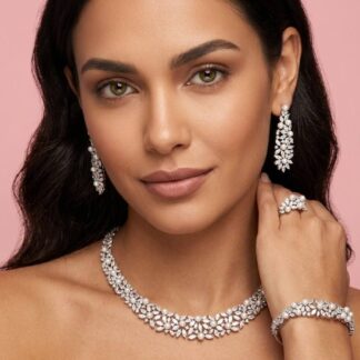 Omnia Fadwa White Pearl Luxury Bridal Full Set Accessories in High Quality Zircon Stone Rhodium Plated