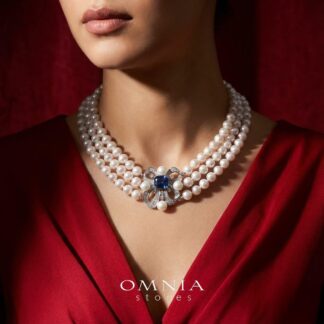 Mahboobeh Blue Pearl Necklace in 925 Silver with High Quality Simulated Diamonds