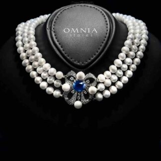 Mahboobeh Blue Pearl Necklace in 925 Silver with High Quality Simulated Diamonds