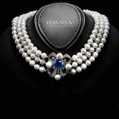 Mahboobeh Blue Pearl Necklace in 925 Silver with High Quality Simulated Diamonds