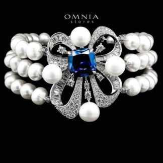 Mahboobeh Blue Pearl Bracelet in 925 Silver with High Quality Simulated Diamonds