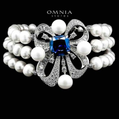 Mahboobeh Blue Pearl Bracelet in 925 Silver with High Quality Simulated Diamonds