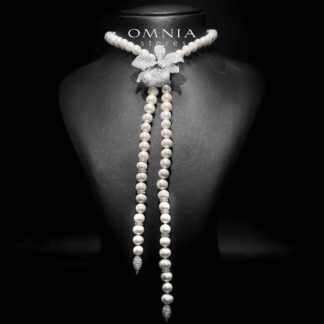 Omnia Stella Floral Design Long Chain Necklace in 925 Silver with High-Quality Simulated Diamonds