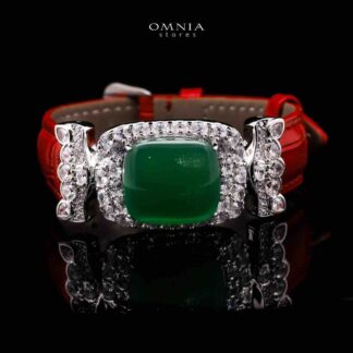 Omnia Nafiseh Red Genuine Leather Belt Bracelet In 925 Silver High Quality Lab Grown Stones