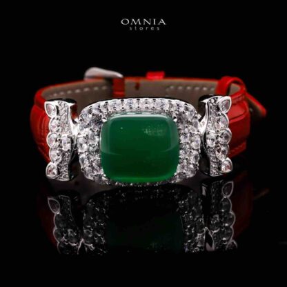Omnia Nafiseh Red Genuine Leather Belt Bracelet In 925 Silver High Quality Lab Grown Stones