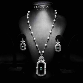 Omnia Parvaneh Fresh Real Water Pearl Long Chain Necklace & Drop Pearl Earrings in 925 Silver with High-Quality Simulated Diamonds
