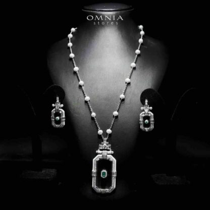 Omnia Parvaneh Fresh Real Water Pearl Long Chain Necklace & Drop Pearl Earrings in 925 Silver with High-Quality Simulated Diamonds