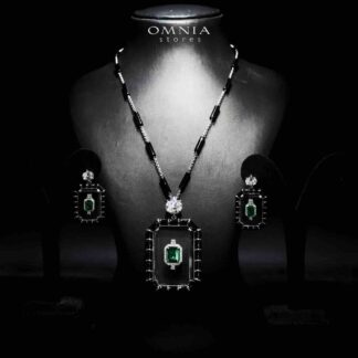 Omnia Parvin Black Long Chain Necklace & Drop Pearl Earrings in 925 Silver with High-Quality Simulated Diamonds