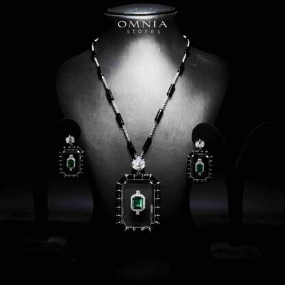 Omnia Parvin Black Long Chain Necklace & Drop Pearl Earrings in 925 Silver with High-Quality Simulated Diamonds