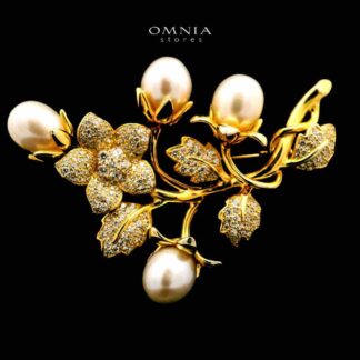 Omnia Parya Flower Golden Brooch in 925 Silver with High Quality Simulated Diamonds