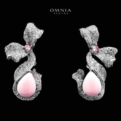 Omnia Nouran Pink Earrings in 925 Silver with High-Quality Simulated Diamonds and Coral Stone Detail