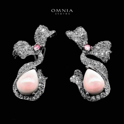 Omnia Nouran Pink Earrings in 925 Silver with High-Quality Simulated Diamonds and Coral Stone Detail - Image 2