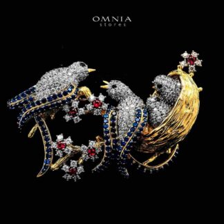 Omnia Maysaa Bird Nest Design Multi Color Golden Brooch in 925 Silver with High-Quality Simulated Diamonds