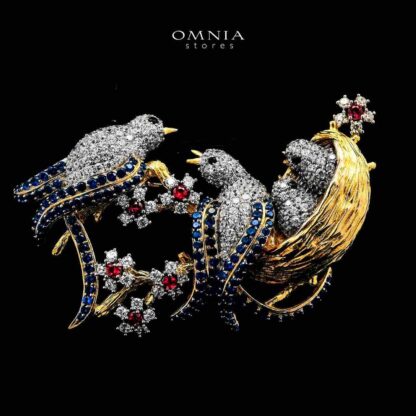 Omnia Maysaa Bird Nest Design Multi Color Golden Brooch in 925 Silver with High-Quality Simulated Diamonds