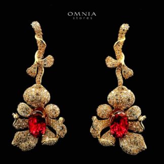 Omnia Margot Flower Design Golden Red Drop Earrings in 925 Silver with High-Quality Simulated Diamonds