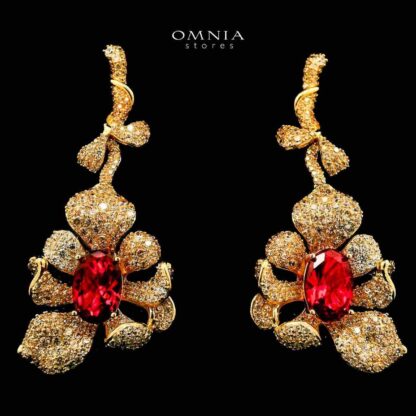 Omnia Margot Flower Design Golden Red Drop Earrings in 925 Silver with High-Quality Simulated Diamonds - Image 2