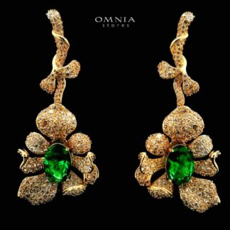 Omnia Margot Flower Design Golden Green Drop Earrings in 925 Silver with High-Quality Simulated Diamonds