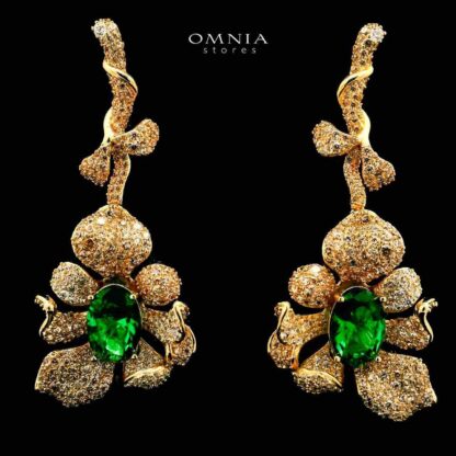 Omnia Margot Flower Design Golden Green Drop Earrings in 925 Silver with High-Quality Simulated Diamonds