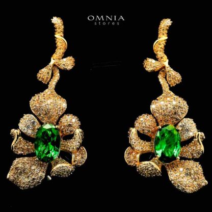 Omnia Margot Flower Design Golden Green Drop Earrings in 925 Silver with High-Quality Simulated Diamonds - Image 2