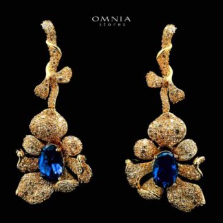 Omnia Margot Flower Design Golden Blue Drop Earrings in 925 Silver with High-Quality Simulated Diamonds