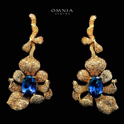 Omnia Margot Flower Design Golden Blue Drop Earrings in 925 Silver with High-Quality Simulated Diamonds - Image 2