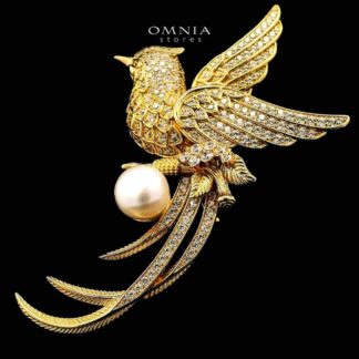 Omnia Batoul Fresh Real Water Pearl Golden Brooch in 925 Silver In High Quality Simulated Diamonds