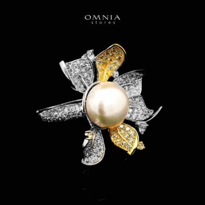 Omnia Estelle Fresh Real Water Pearl Golden And Silver RIng in 925 Silver In High Quality Simulated Diamonds - Image 3