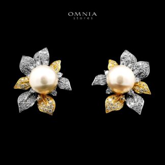 Omnia Estelle Fresh Real Water Pearl Golden And Silver Earrings in 925 Silver In High Quality Simulated Diamonds
