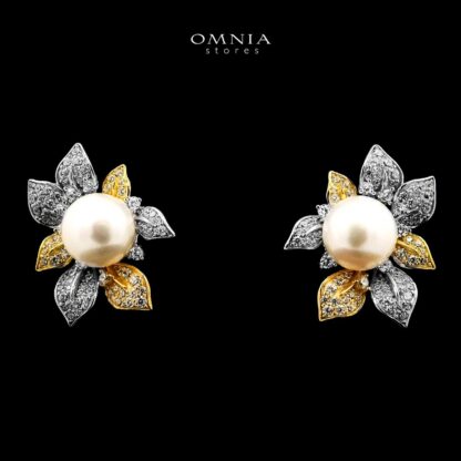 Omnia Estelle Fresh Real Water Pearl Golden And Silver Earrings in 925 Silver In High Quality Simulated Diamonds - Image 2