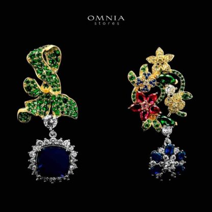 Omnia Camille Flower Design Golden Multi Color Earrings in 925 Silver In High Quality Simulated Diamonds - Image 2
