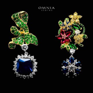 Omnia Camille Flower Design Golden Multi Color Earrings in 925 Silver In High Quality Simulated Diamonds