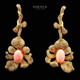 Omnia Margot Flower Design Golden Pink Drop Earrings in 925 Silver with High-Quality Simulated Diamonds and Coral Stone Detail