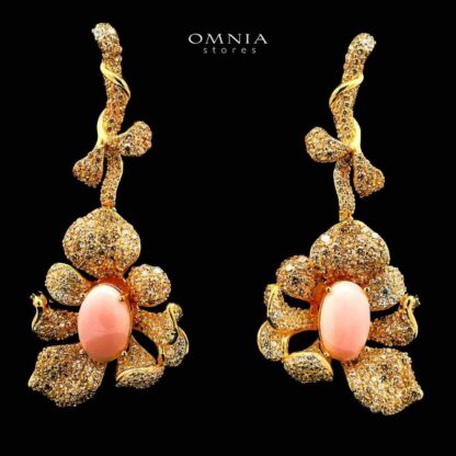 Omnia Margot Flower Design Golden Pink Drop Earrings in 925 Silver with High-Quality Simulated Diamonds and Coral Stone Detail
