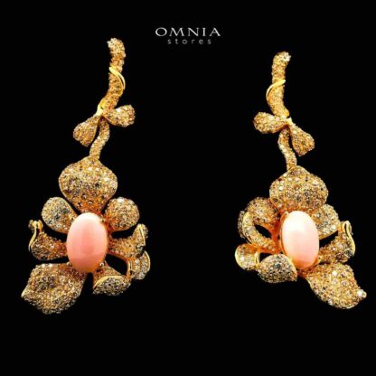 Omnia Margot Flower Design Golden Pink Drop Earrings in 925 Silver with High-Quality Simulated Diamonds and Coral Stone Detail - Image 2