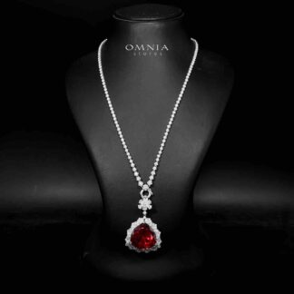 Omnia Dania Silver Long Chain With Red Pendant Necklace In 925 Silver Certified High Quality Lab Grown Stones