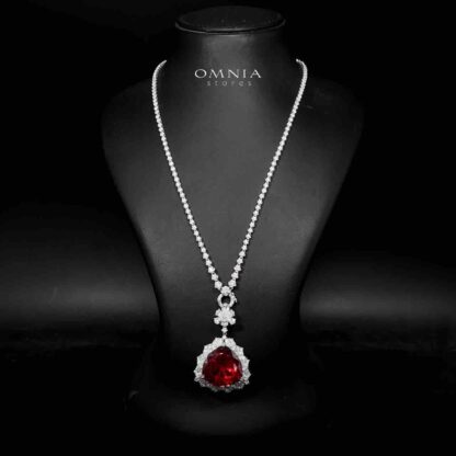 Omnia Dania Silver Long Chain With Red Pendant Necklace In 925 Silver Certified High Quality Lab Grown Stones