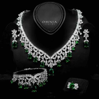 Omnia Princess Bridal Full Set with Pear-Cut White And Green High-Quality Simulated Diamonds Rhodium Plated