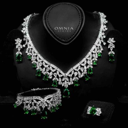 Omnia Princess Bridal Full Set with Pear-Cut White And Green High-Quality Simulated Diamonds Rhodium Plated